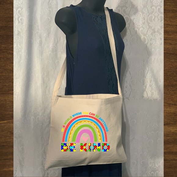 Be Kind Autism Rainbow Crossbody Messenger Tote Bag with Long Strap - Picture 2 of 2